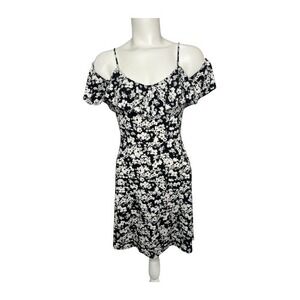 Express Black White Floral Print Cold Shoulder Mini‎ Dress Stretch Medium
